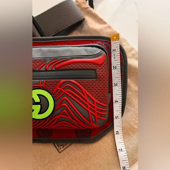 Gucci Red and Gray Crossbody Bag with Neon Green Accents - Picture 14 of 15